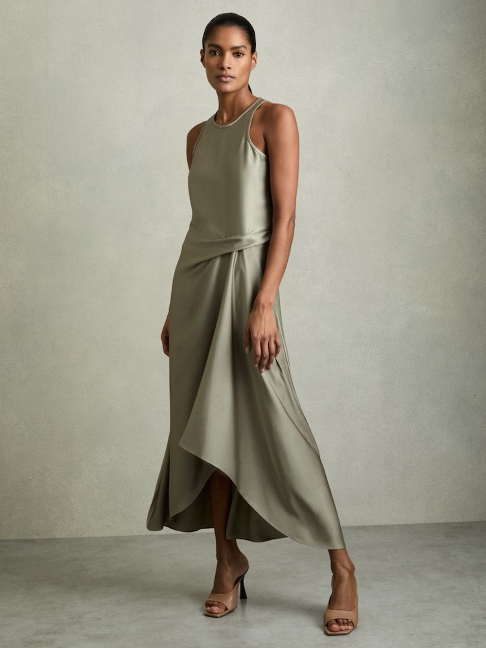 NWT REISS Satin Drape Tuck Midi dress in Khaki